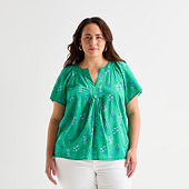 a.n.a Womens Plus Split Tie Neck Short Sleeve T-Shirt - JCPenney