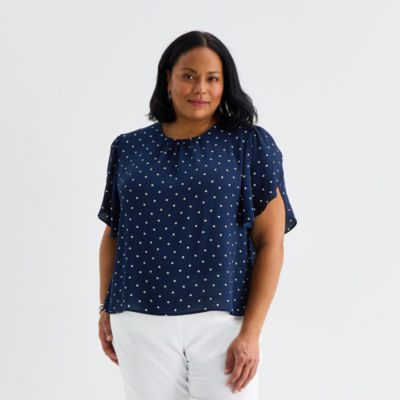 Liz Claiborne Womens Plus Round Neck Short Sleeve Blouse