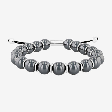 Mens Stainless Steel Genuine Stone Beaded Bolo Bracelet, One Size, Grey Hematite