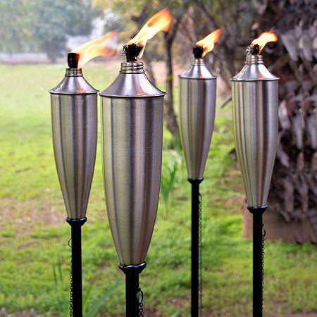 Deco Window Set Of 4 Backyard Landscape Lanterns 60 Inch Patio Metal Torch, One Size, Silver