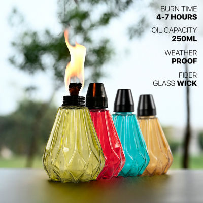 Deco Window Set Of 4 Indoor Outdoor Tabletop Glass Lamp Multicolored Lantern With Fiberglass Torch