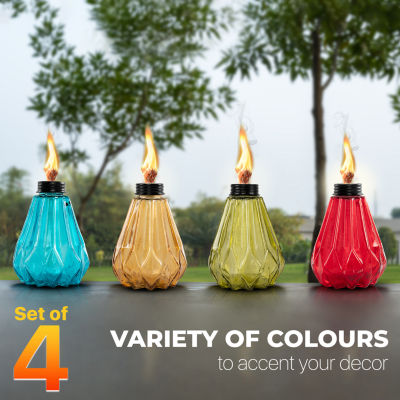 Deco Window Set Of 4 Indoor Outdoor Tabletop Glass Lamp Multicolored Lantern With Fiberglass Torch