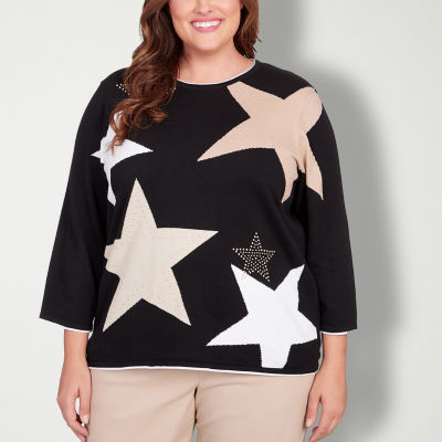 Alfred Dunner Plus Neutral Territory Womens Crew Neck 3/4 Sleeve Star Pullover Sweater