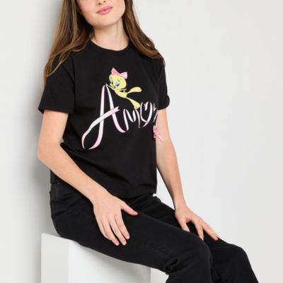 Juniors Tweety Amore Bows Relaxed Cropped Tee Womens Crew Neck Short Sleeve Graphic T-Shirt