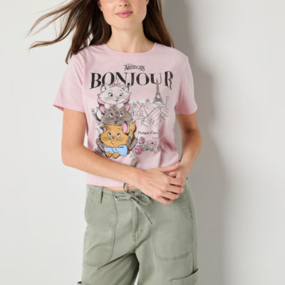 Disney The Aristocats Bonjour Semi Fit Womens Juniors Crew Neck Short Sleeve Fitted Graphic T-Shirt