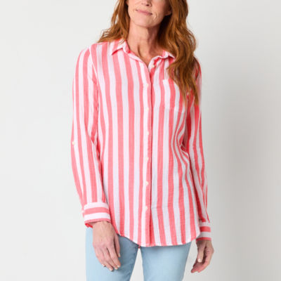St. John's Bay Womens Long Sleeve Roll Tab Sleeve Regular Fit Button-Down Shirt