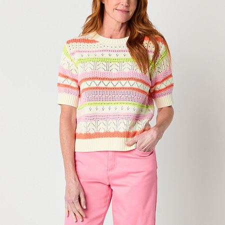 St. John's Bay Womens Crew Neck Short Sleeve Pullover Sweater, Small, White