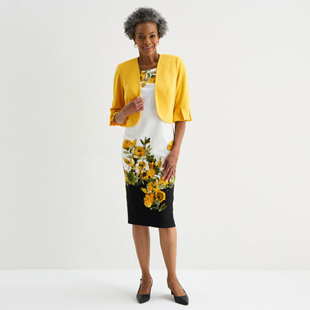 Maya Brooke Womens Floral Jacket Dress In Yellow