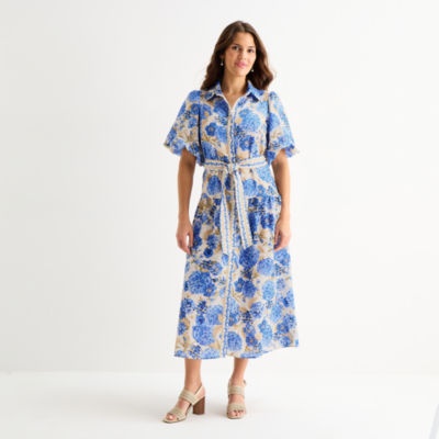Melonie T Womens Belted Short Sleeve Midi Floral Shirt Dress