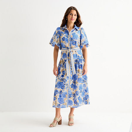 Melonie T Womens Belted Short Sleeve Midi Floral Shirt Dress, 10, Blue