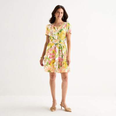 Be by CHETTA B Womens Short Sleeve Floral Fit + Flare Dress