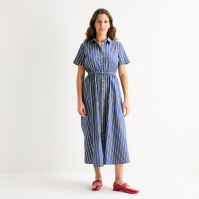 St. John's Bay Womens Short Sleeve Midi Shirt Dress