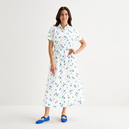 St. John's Bay Womens Short Sleeve Midi Shirt Dress