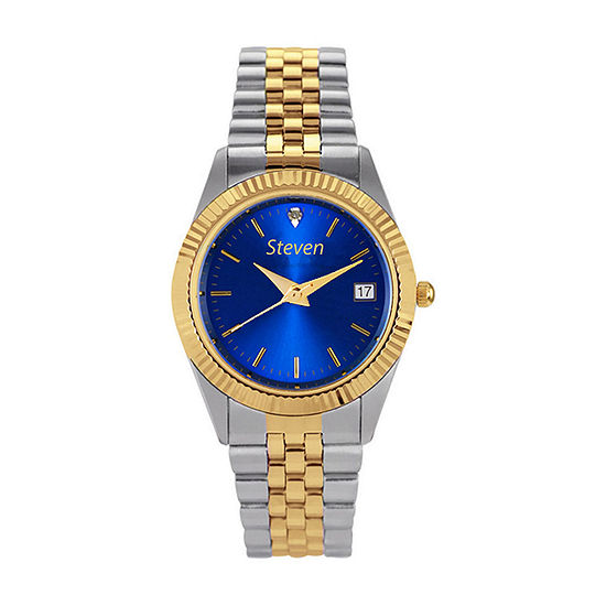 Hampden Mens Diamond Accent Two-Tone Blue Dial Personalized Watch