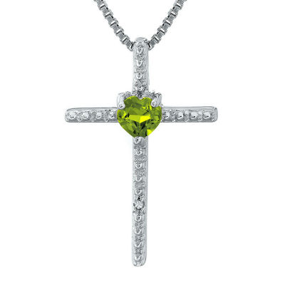 Genuine Peridot and Diamond-Accent Sterling Silver Cross and Heart Pendant Necklace