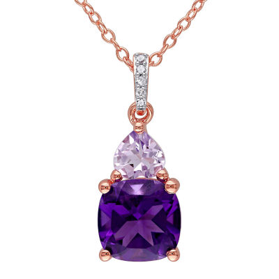 Genuine Amethyst, Rose de France and Diamond-Accent Rose Gold Over Silver Pendant Necklace