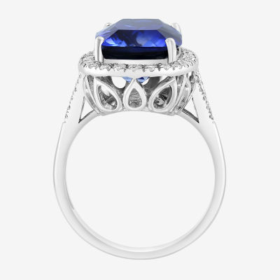 Effy  Womens 1/2 CT. T.W. Lab Created Blue Sapphire 14K White Gold Cushion Halo Cocktail Ring