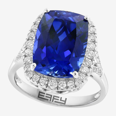 Effy  Womens 1/2 CT. T.W. Lab Created Blue Sapphire 14K White Gold Cushion Halo Cocktail Ring