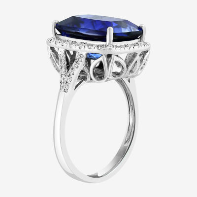 Effy  Womens 1/2 CT. T.W. Lab Created Blue Sapphire 14K White Gold Cushion Halo Cocktail Ring