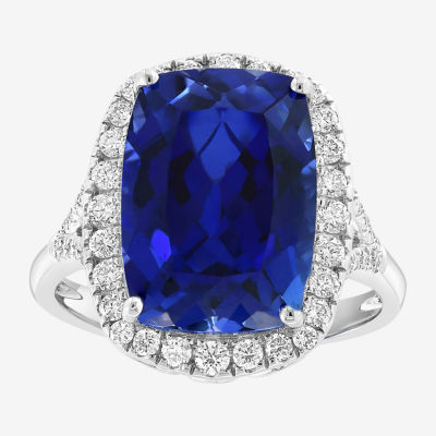 Effy  Womens 1/2 CT. T.W. Lab Created Blue Sapphire 14K White Gold Cushion Halo Cocktail Ring