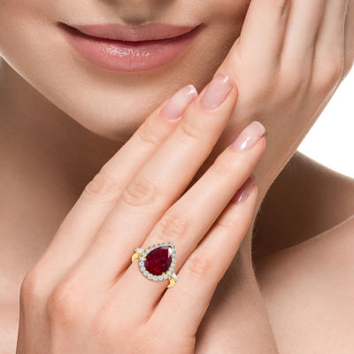 Effy  Womens 3/4 CT. T.W. Lab Created Red Ruby 14K Gold Pear Halo Cocktail Ring