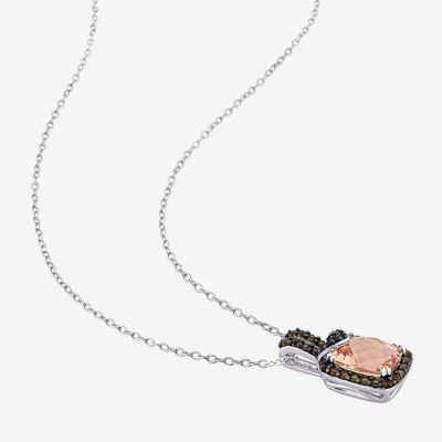 Womens Diamond Accent Genuine Pink Morganite Sterling Silver Cushion Pendant Necklace