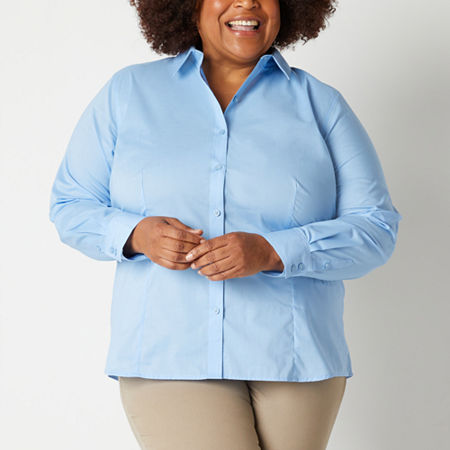 Liz Claiborne Womens Wrinkle Free Stretch Fabric Wrinkle Free Long Sleeve Vent Sleeve Regular Fit Plus Button-Down Shirt