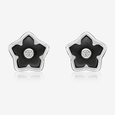 Genuine Black Onyx Sterling Silver 13mm Flower Stud Earrings