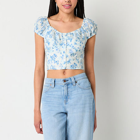 Arizona Juniors Womens Sweetheart Neck Short Sleeve Blouse, Large, Blue