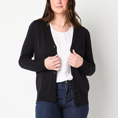 Liz Claiborne Womens V Neck Long Sleeve Button Cardigan, Medium, Black