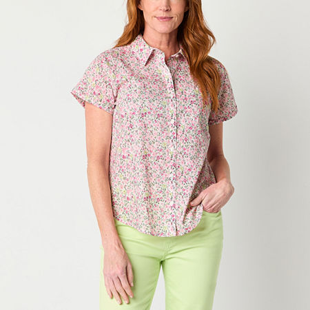 St. John's Bay Womens Short Sleeve Regular Fit Button-Down Shirt, Petite Small, Pink