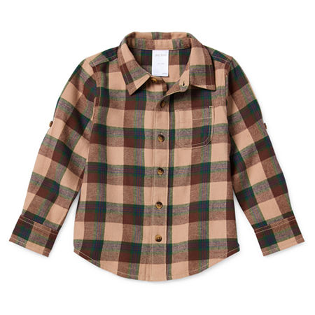 Okie Dokie Toddler & Little Boys Long Sleeve Flannel Shirt, 18 Months, Beige