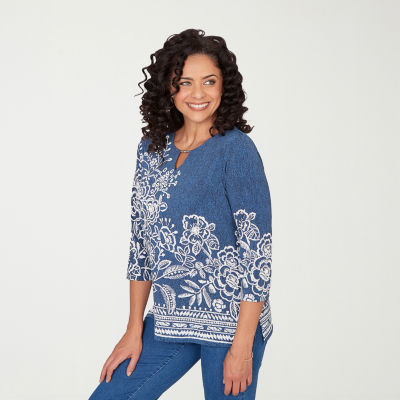 Alfred Dunner Classics Womens Split Crew Neck 3/4 Sleeve T-Shirt