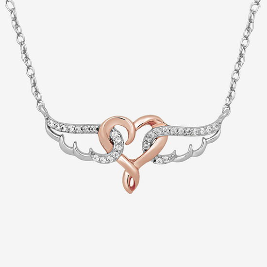 Hallmark Diamonds Womens 1/10 CT. T.W. Mined Diamond 14K Rose Gold Over Silver Angel Heart Wing Pendant Necklace