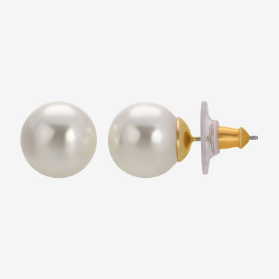 1928 Gold Tone White Simulated Pearl 1/2 Inch Ball Stud Earrings