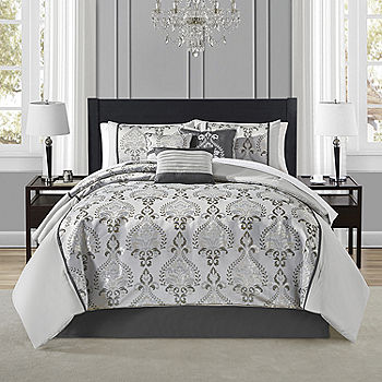 Richmond Park Morgan 7-pc. Damask + Scroll Midweight Comforter Set, Color:  Gray - JCPenney