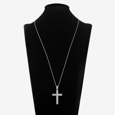 Mens White Cubic Zirconia Sterling Silver Cross Pendant Necklace