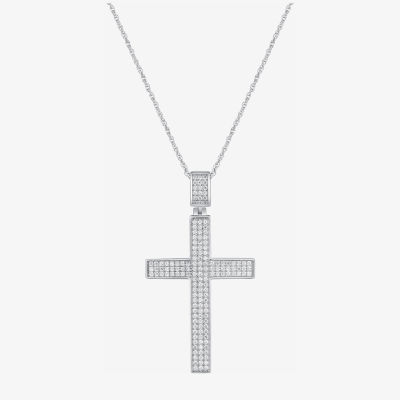 Mens White Cubic Zirconia Sterling Silver Cross Pendant Necklace