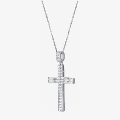 Mens White Cubic Zirconia Sterling Silver Cross Pendant Necklace