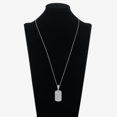 Mens White Cubic Zirconia Sterling Silver Dog Tag Pendant Necklace