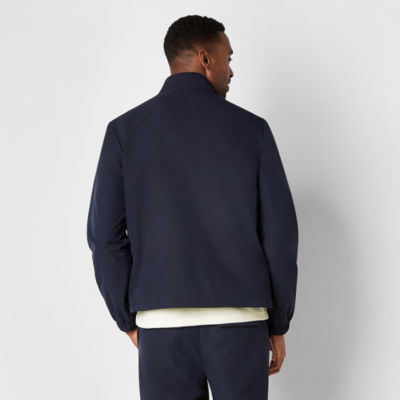 Men's Light Blue Print Bomber Jacket, Light Blue Vertical Striped Long  Sleeve Shirt, Brown Dress Pants, White Leather Derby Shoes