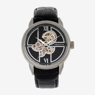 Heritor Automatic Mens Automatic Silver Tone Leather Strap Watch Herhr8302