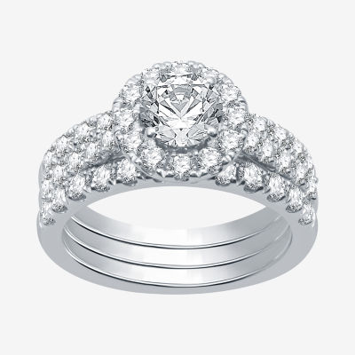 (I / Si2) Womens 2 3/4 CT. T.W. Lab Grown White Diamond 10K White Gold Round Side Stone Halo Bridal Set