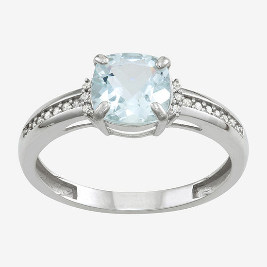 Womens Genuine Blue Aquamarine & 1/10 CT. T.W. Genuine White Diamond 10K Gold Cocktail Ring