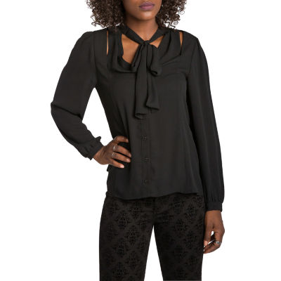 Poetic Justice Womens Split Tie Neck Long Sleeve Blouse