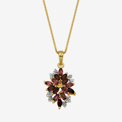 Womens Genuine Red Garnet 18K Gold Over Silver Flower Pendant Necklace