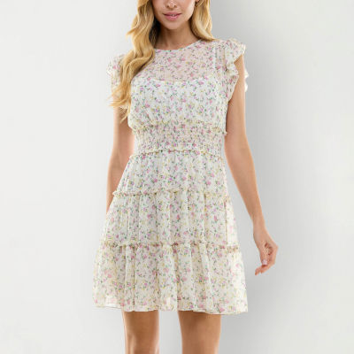 City Triangle Juniors Short Sleeve Floral Fit + Flare Dress, Color