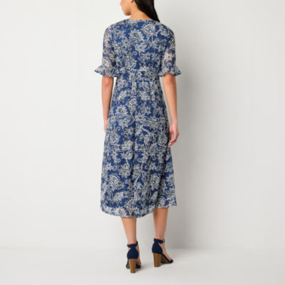Perceptions Short Sleeve Floral Lace Midi Fit + Flare Dress