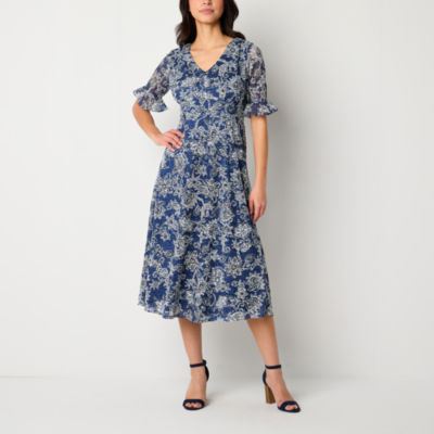Perceptions Short Sleeve Floral Lace Midi Fit + Flare Dress