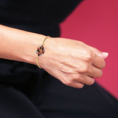 Genuine Red Garnet 18K Gold Over Silver Flower Bangle Bracelet